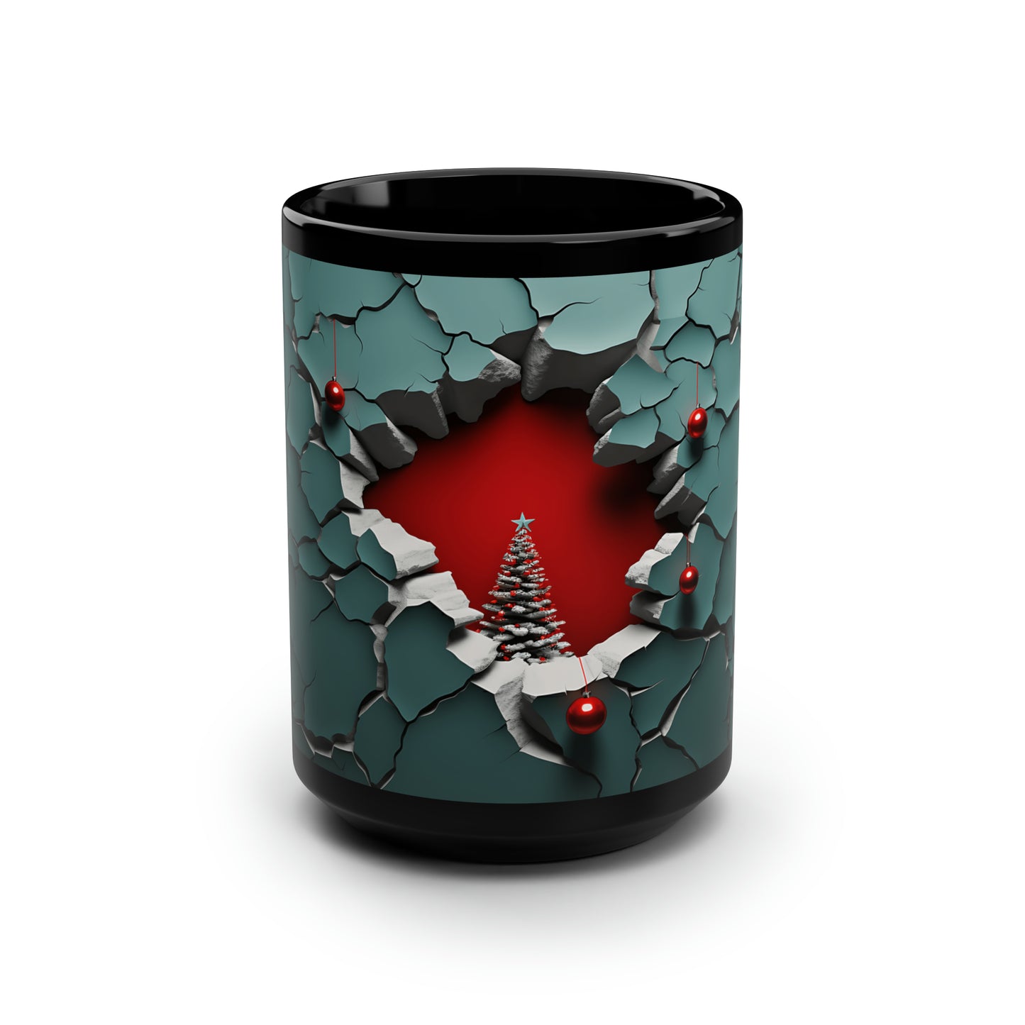 3D Christmas Tree Black Mug, 15oz
