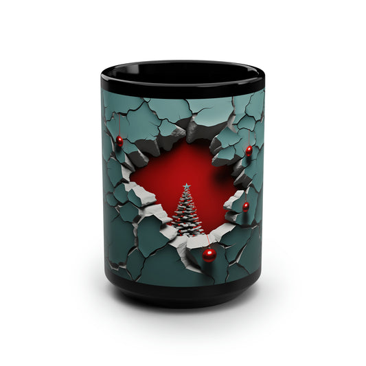 3D Christmas Tree Black Mug, 15oz