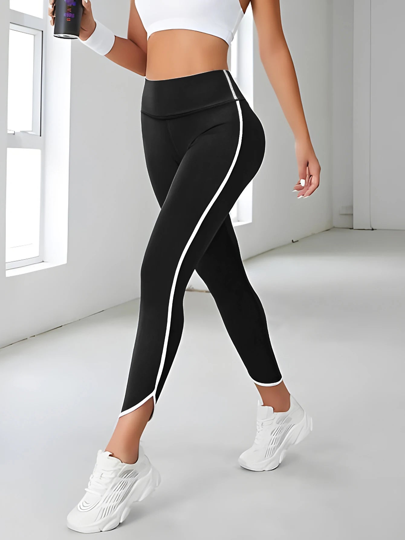 High Waisted Athletic Leggings Sports Yoga Pants With White Stripe Stretchable Workout Tights Comfort Fit For Running And Casual