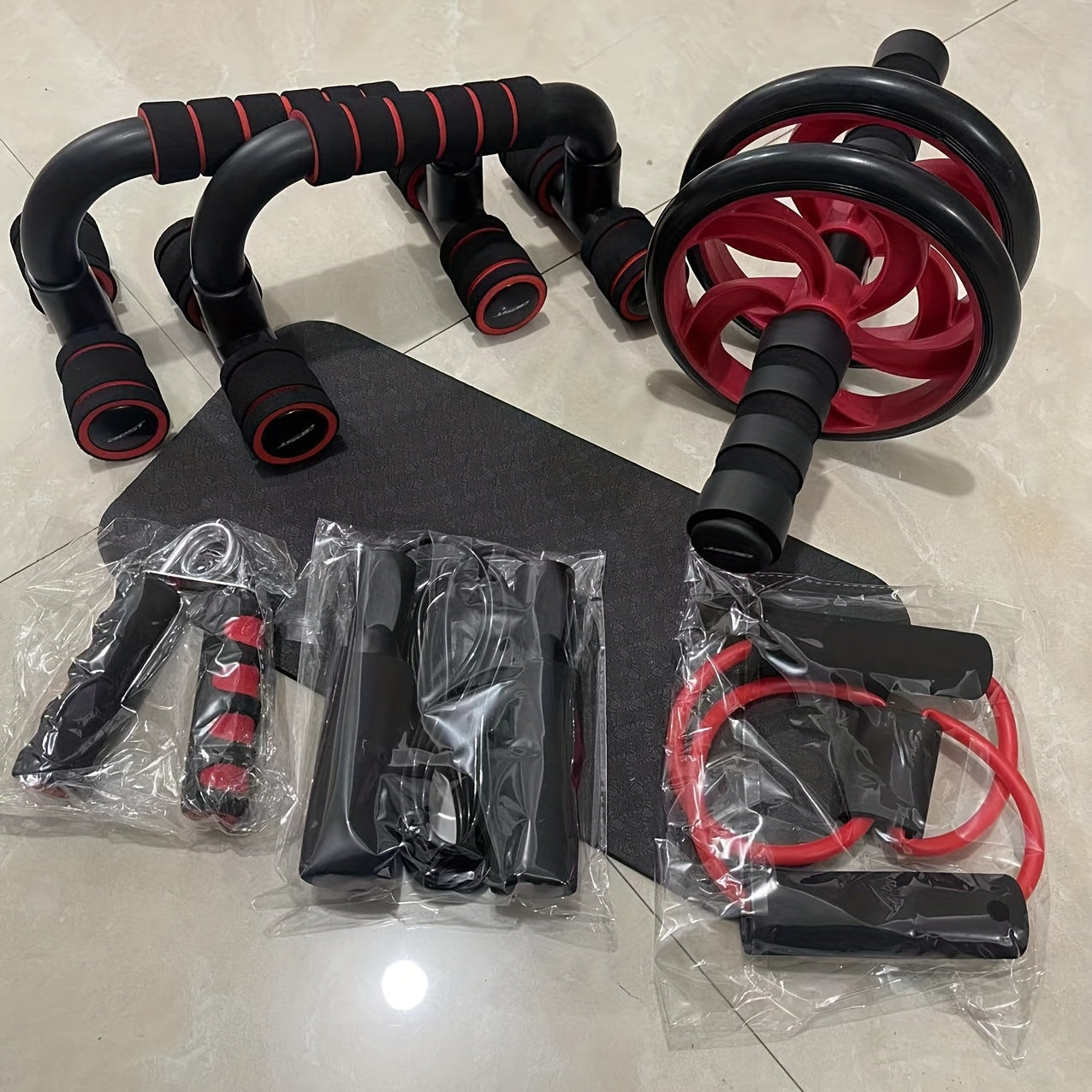7pcs/set Complete Ab Workout Set With Push-up Stand, Ab Wheel, Mini Mat, Resistance Band, Jump Rope & Hand Gripper - Strengthen Core, Build Muscle, Burn Fat - For Men & Women - Suitable for Home & Gym Workouts - Perfect Gift