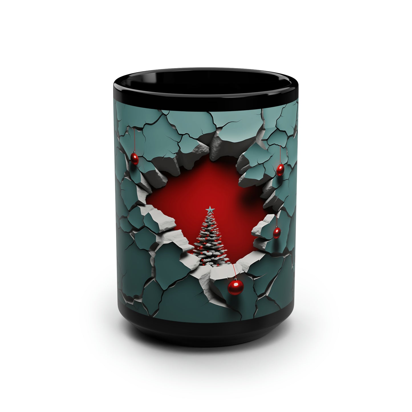 3D Christmas Tree  Black Mug, 15oz