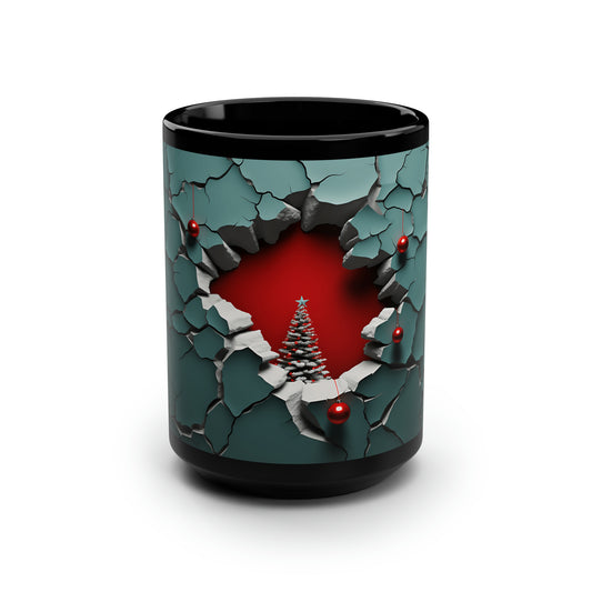 3D Christmas Tree  Black Mug, 15oz