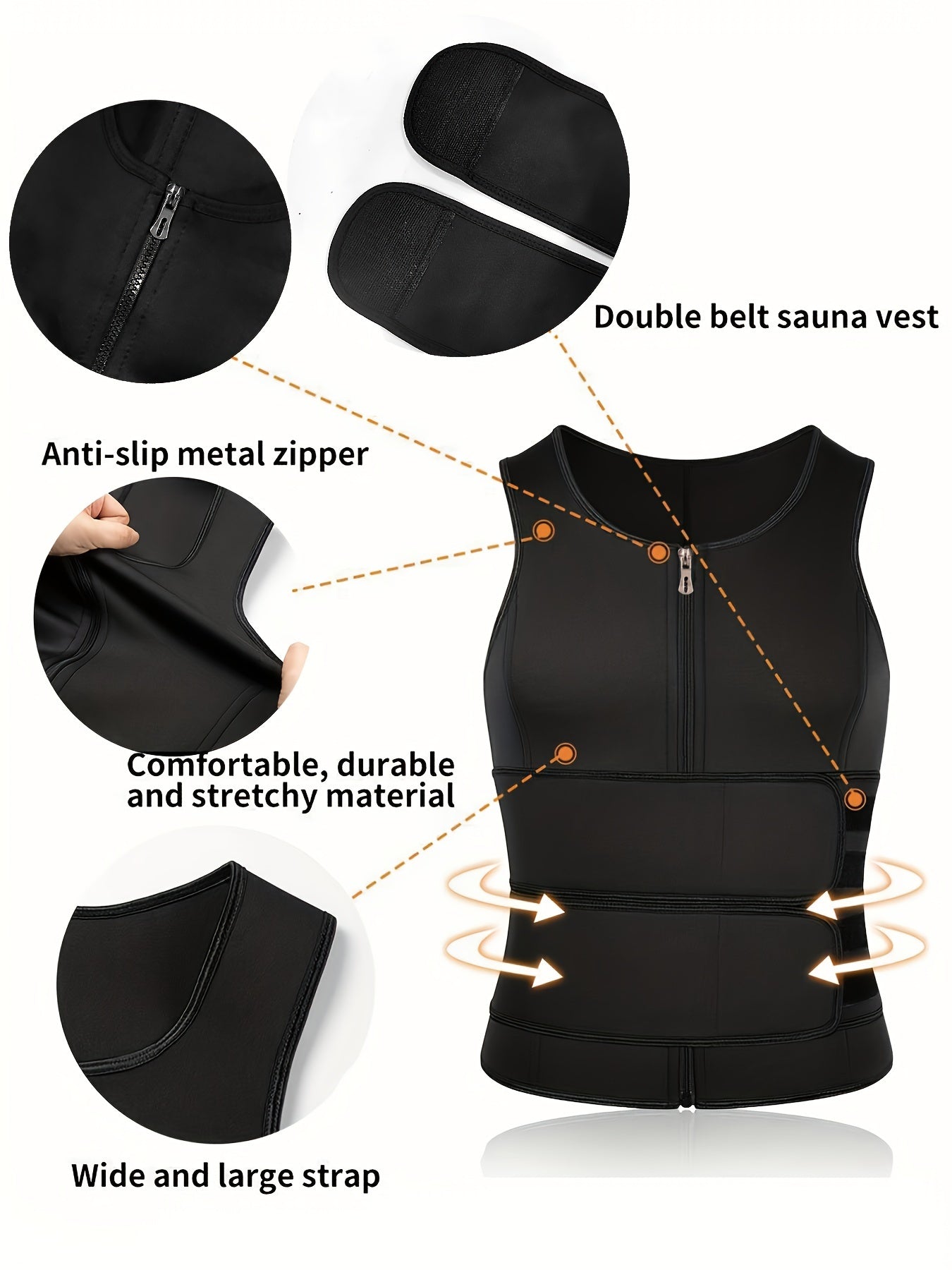 Neoprene Double Belt Vest for Men - Sweat-Inducing, Slim-Fit, Sleeveless Gym Shirt with Crew Neck and Placket - Hand Washable, Polyester Blend, Solid Color, Casual Wear for All Seasons