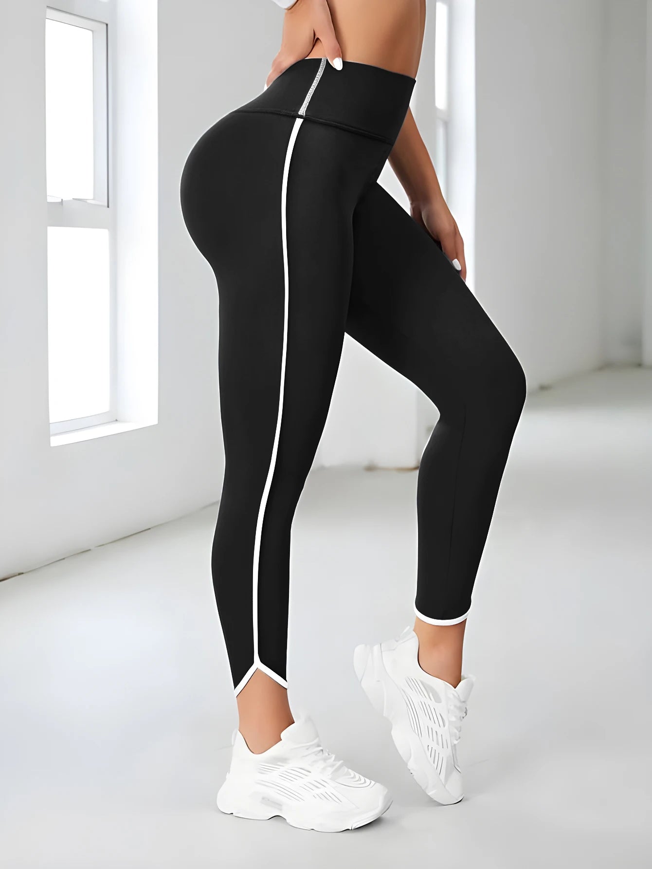 High Waisted Athletic Leggings Sports Yoga Pants With White Stripe Stretchable Workout Tights Comfort Fit For Running And Casual