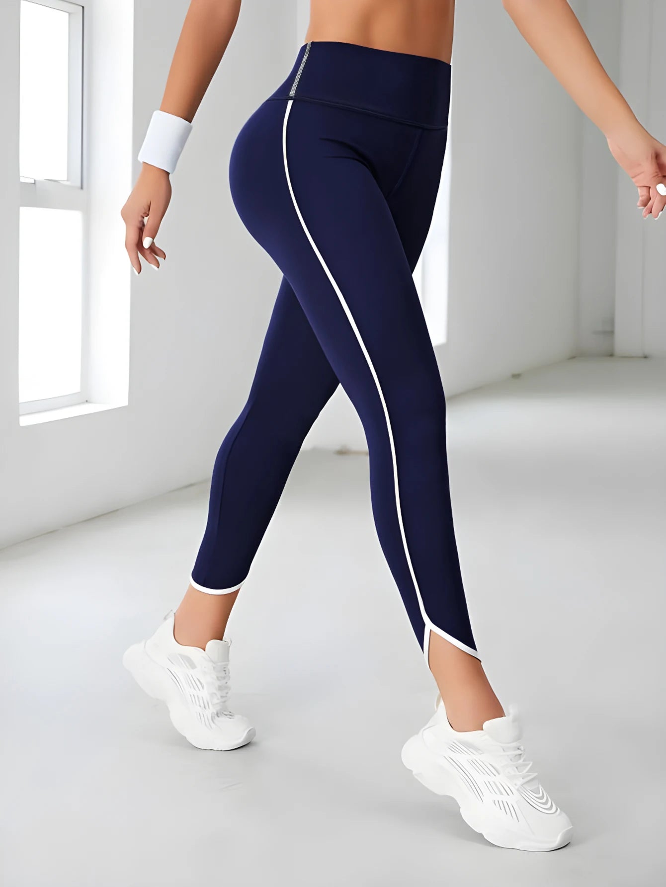 High Waisted Athletic Leggings Sports Yoga Pants With White Stripe Stretchable Workout Tights Comfort Fit For Running And Casual