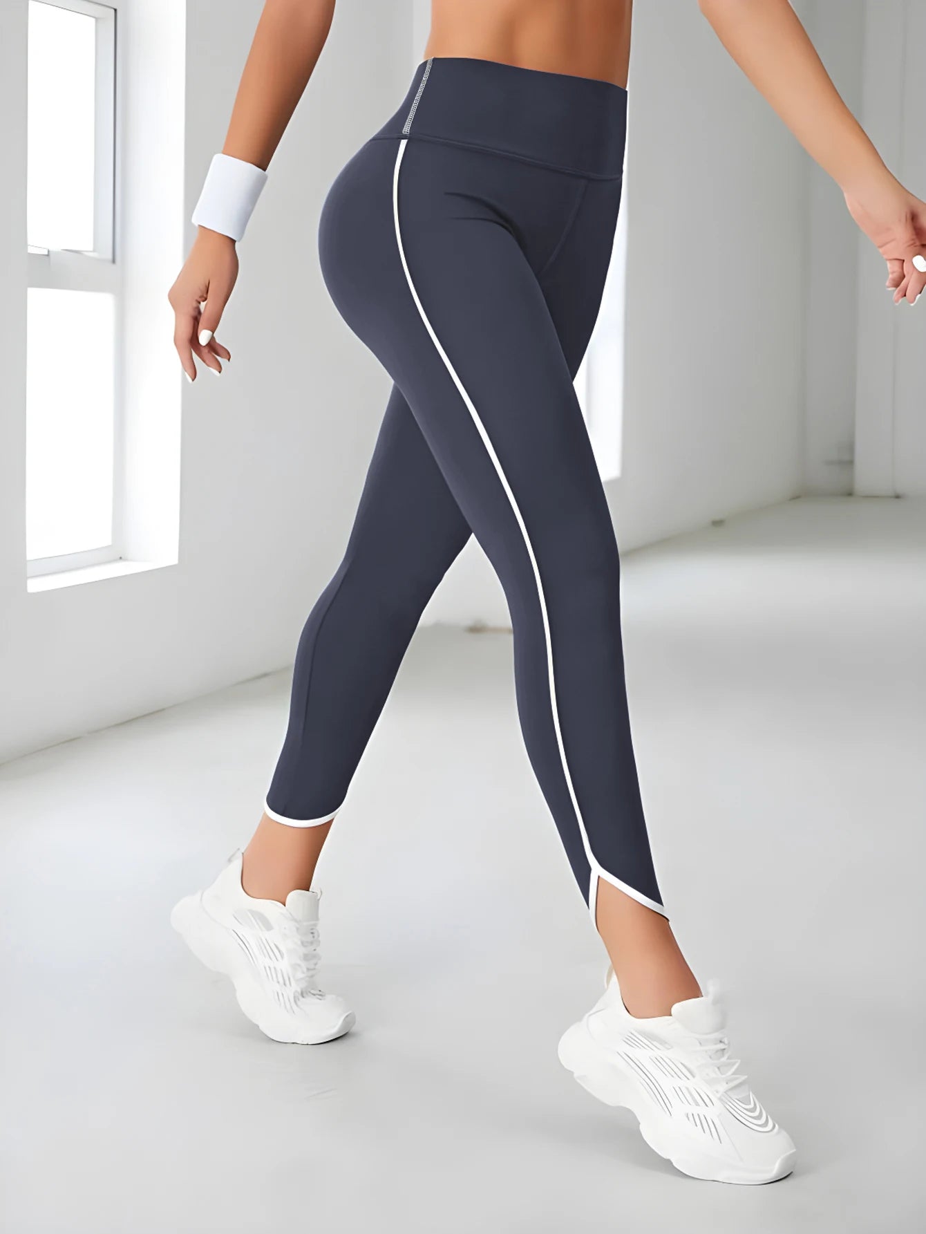 High Waisted Athletic Leggings Sports Yoga Pants With White Stripe Stretchable Workout Tights Comfort Fit For Running And Casual
