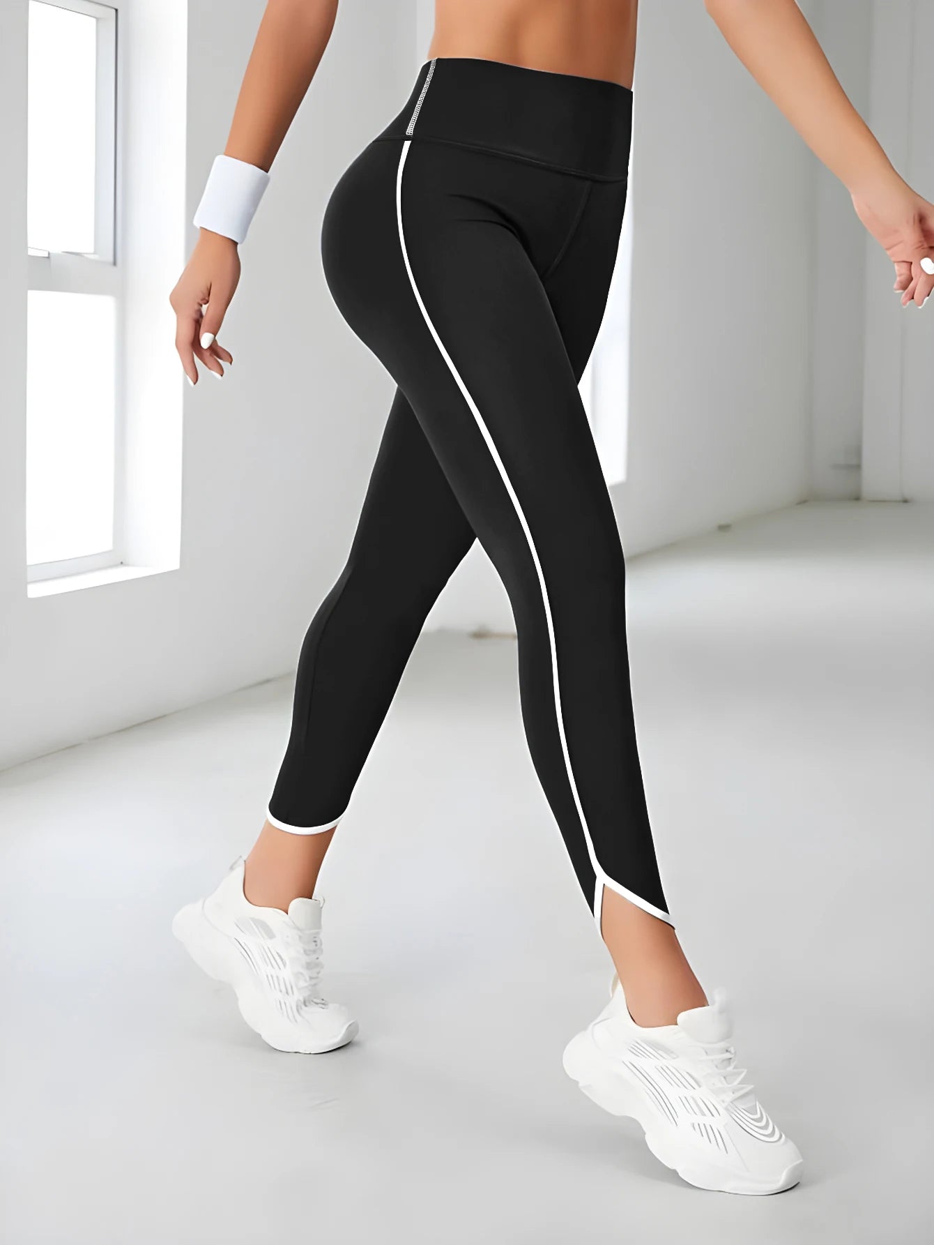 High Waisted Athletic Leggings Sports Yoga Pants With White Stripe Stretchable Workout Tights Comfort Fit For Running And Casual